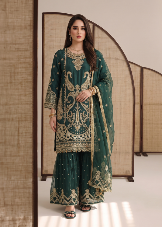 Embroidered Teal Organza Salwar Kameez Online in KSA Riyadh Saudi Arabia Oman Bahrain Qatar