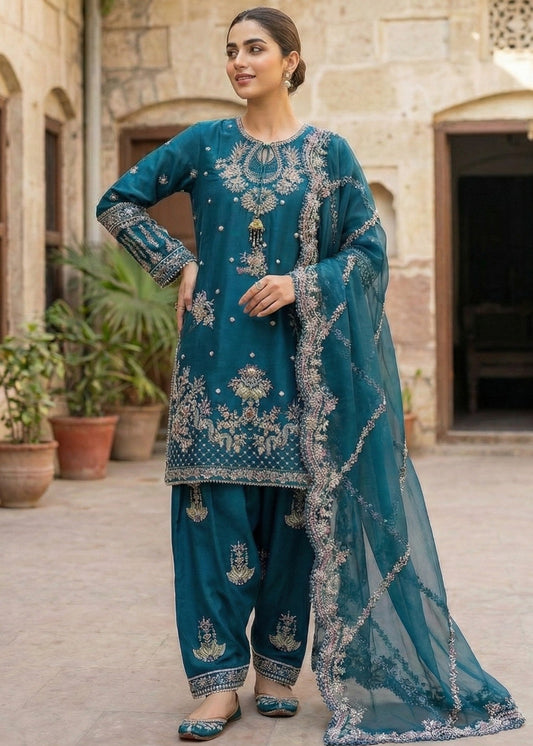 Embroidered Teal Raw Silk Salwar Kameez Online in KSA Riyadh Saudi Arabia Oman Bahrain Qatar