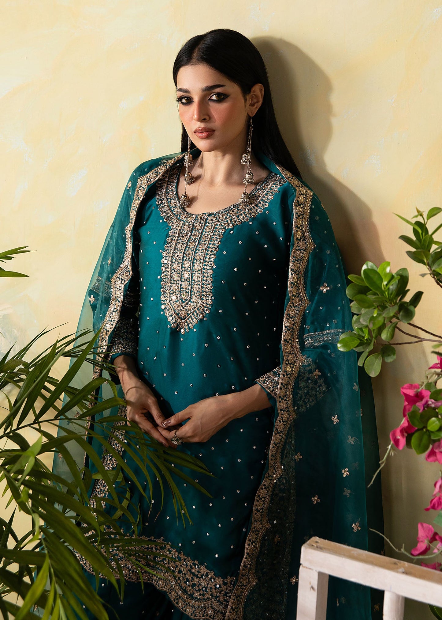 Embroidered Teal Silk Charmeuse Farshi Shalwar Kurta Online in Dubai UAE Abudhabi Ajman Sharjah