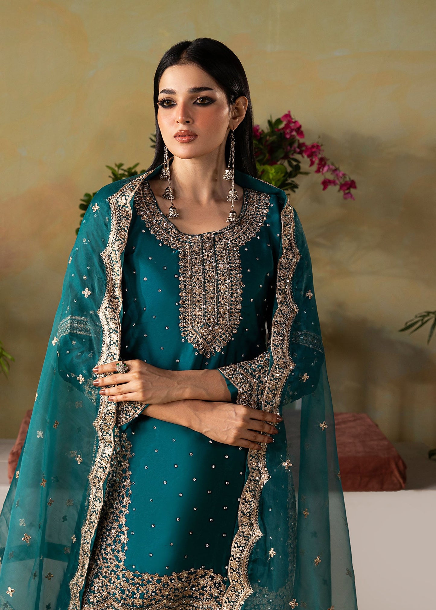 Embroidered Teal Silk Charmeuse Pakistani Designer Suit Online in UK USA Canada