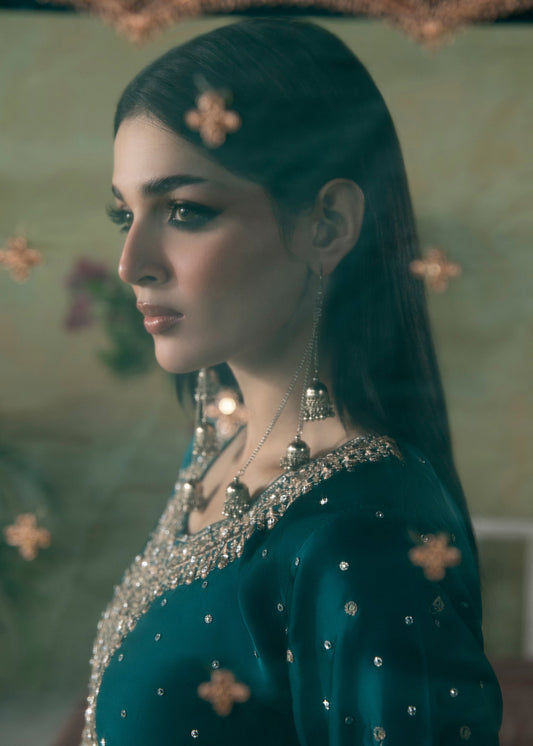 Embroidered Teal Silk Charmeuse Pakistani Suit Online in KSA Riyadh Saudi Arabia Oman Bahrain Qatar