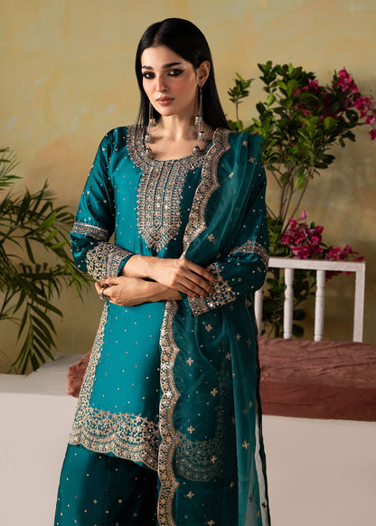 Embroidered Teal Silk Charmeuse Straight Kurta Farshi Shalwar Online in Dubai DXB UAE Abudhabi Meena Bazaar