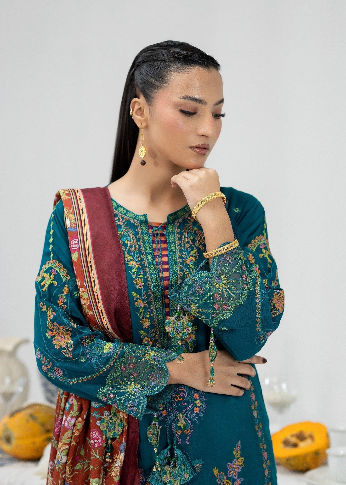 Embroidered Teal Silk Straight Trouser Suit Online in Dubai DXB UAE Abudhabi Meena Bazaar