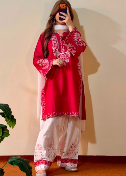 Embroidered Vivid Pink Lawn Farshi Shalwar Online in Dubai DXB UAE Abudhabi Meena Bazaar
