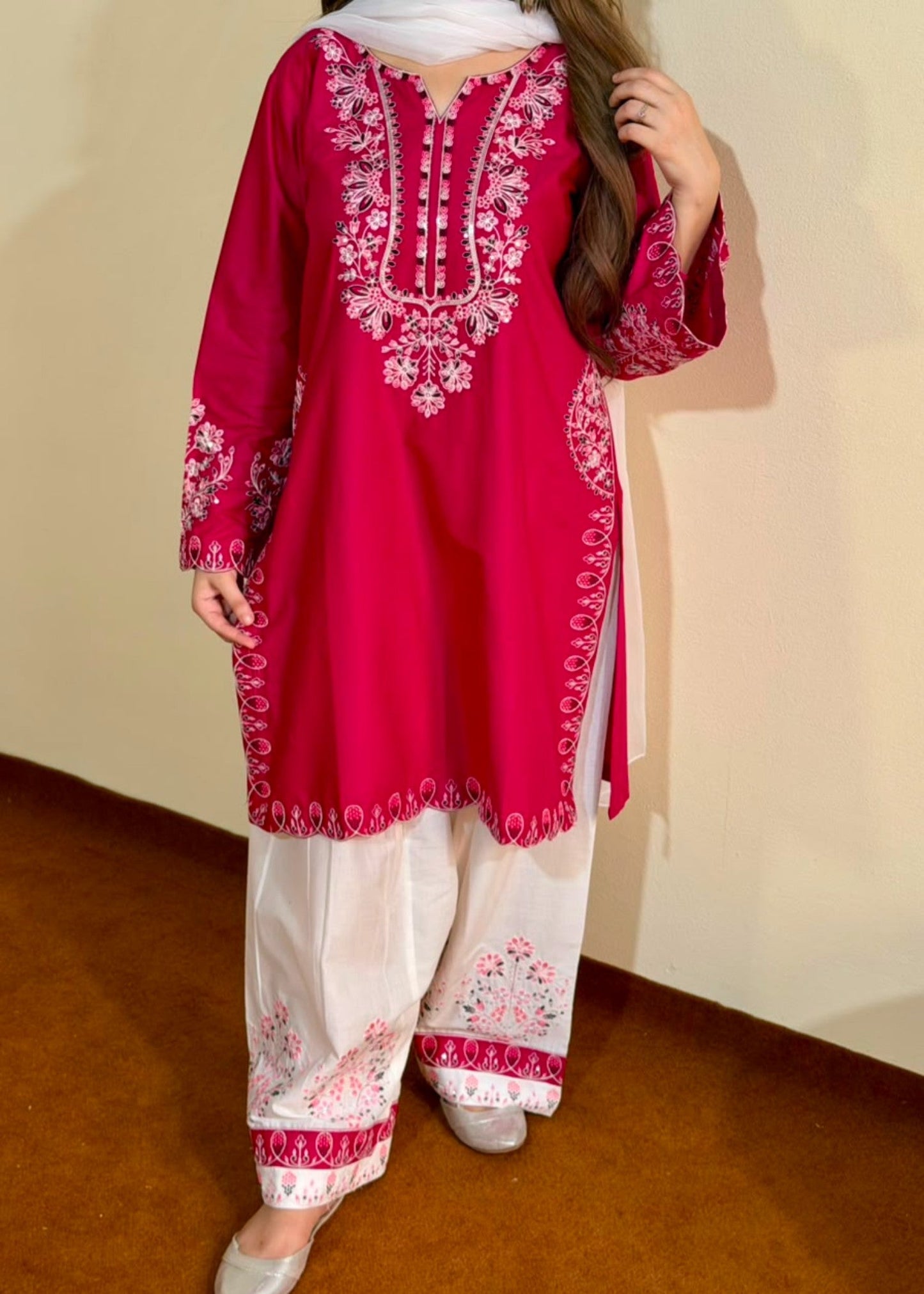 Embroidered Vivid Pink Lawn Kurta Set Online in UK USA Canada