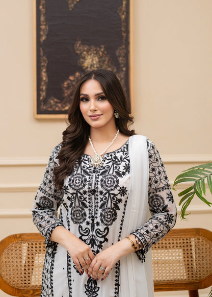 Embroidered White Bemberg Crinkle Chiffon Kurta Set Online in Dubai UAE Abudhabi Ajman Sharjah