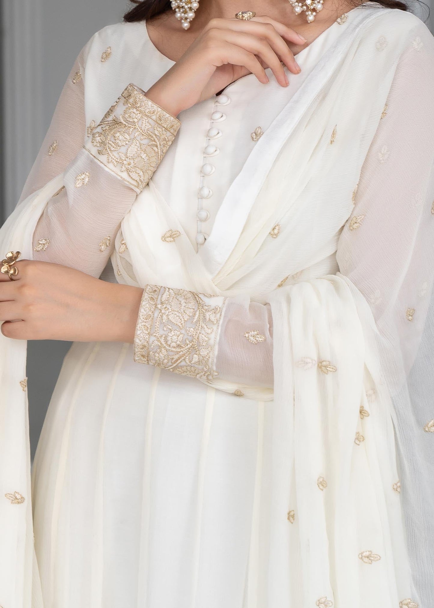 Embroidered White Chiffon Flared Pishwas Suit Online in Dubai UAE Abudhabi Ajman Sharjah