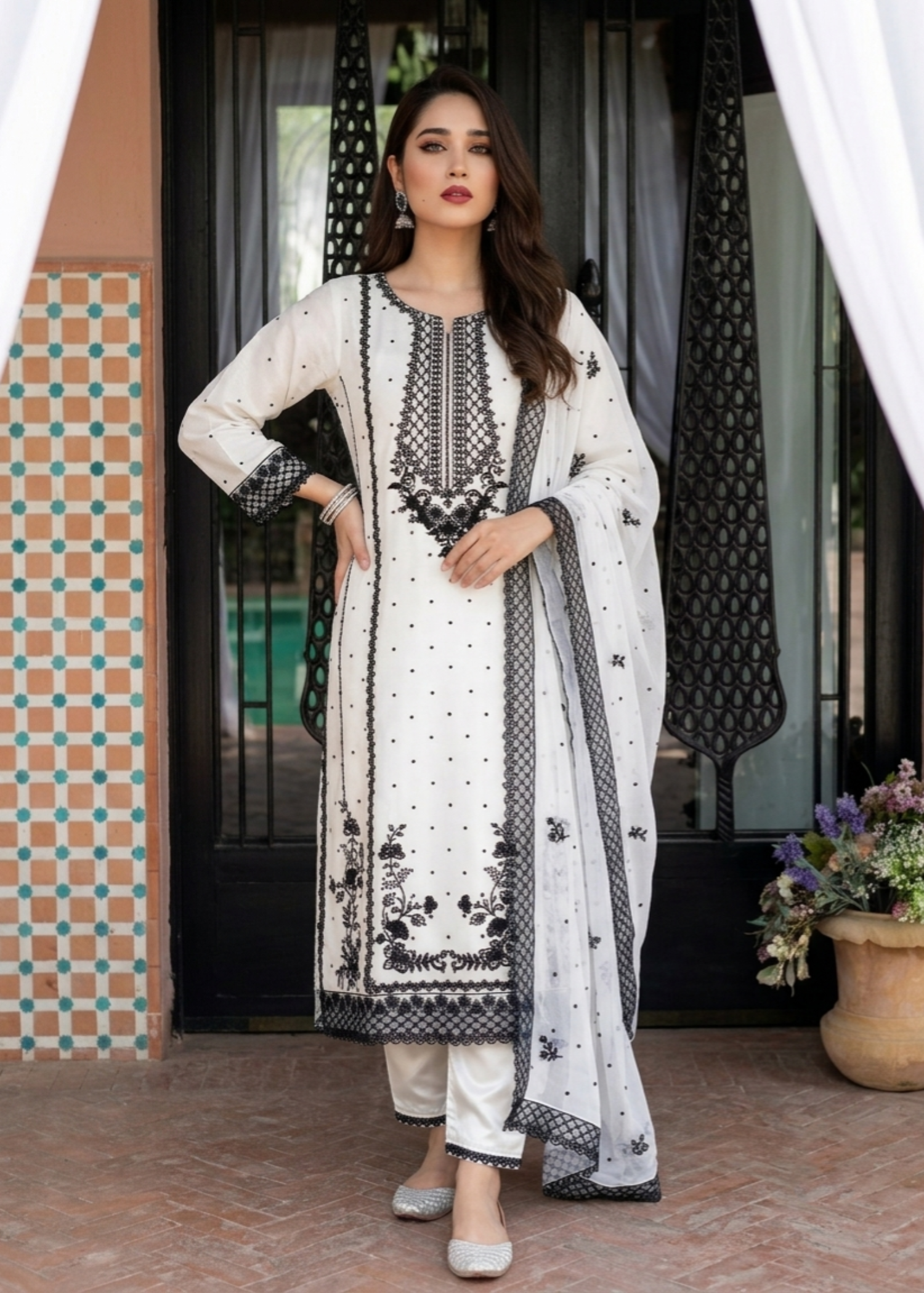 Embroidered White Chiffon Pakistani Suit Online in Dubai DXB UAE Abudhabi Meena Bazaar