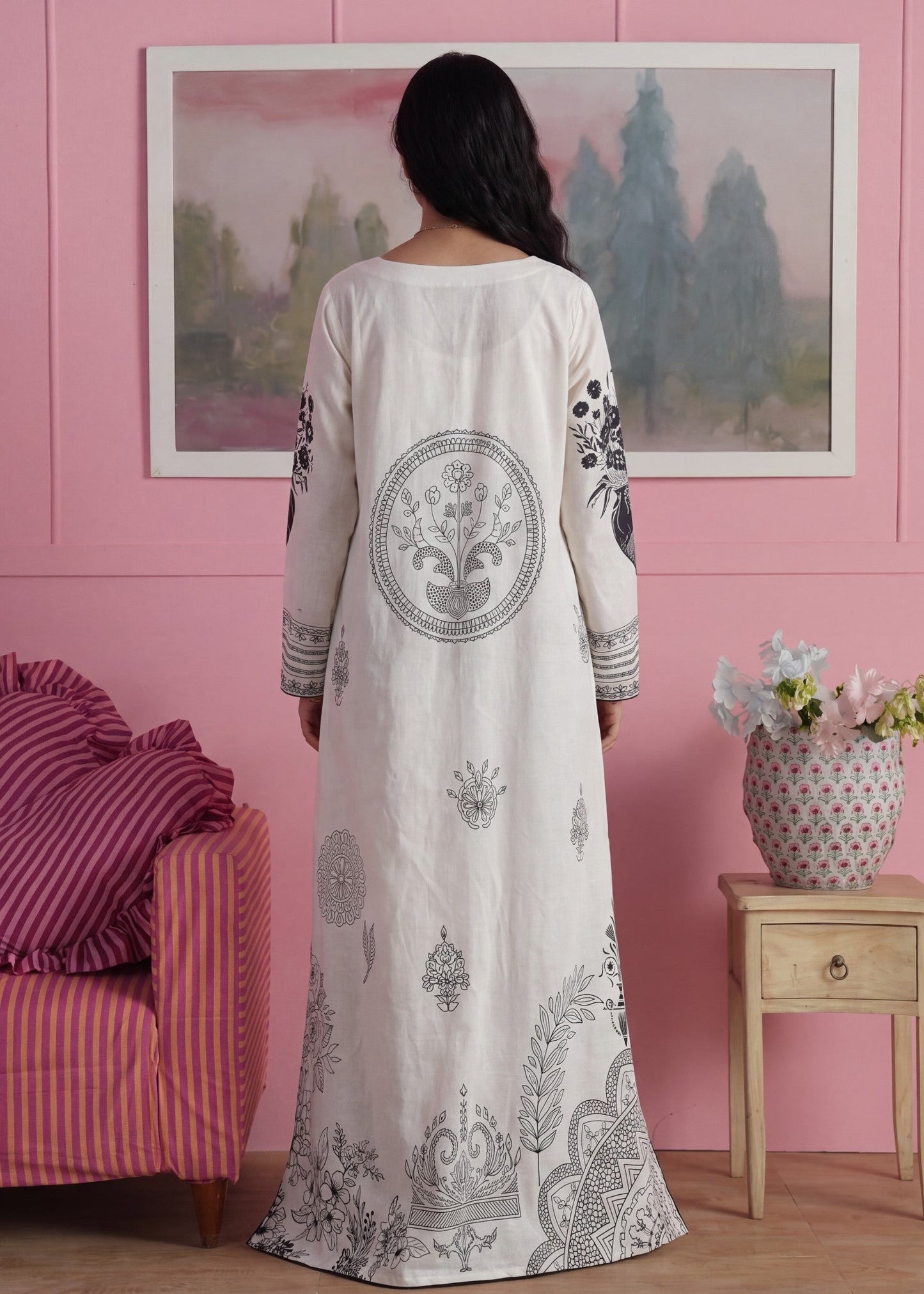Embroidered White Lawn Kaftan for Women Online in KSA Riyadh Saudi Arabia Oman Bahrain Qatar