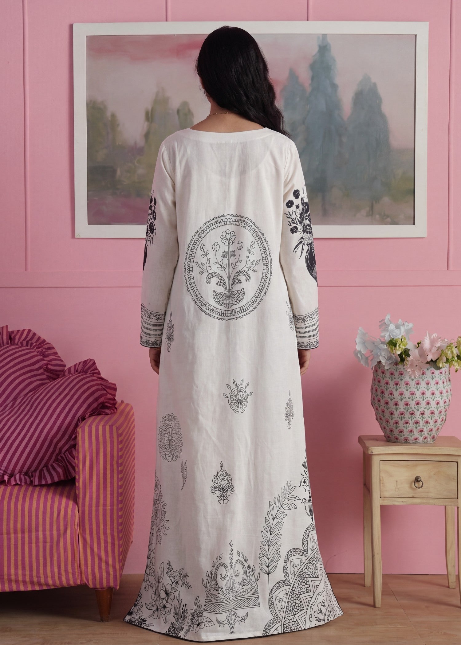 Embroidered White Lawn Kaftan for Women Online in KSA Riyadh Saudi Arabia Oman Bahrain Qatar
