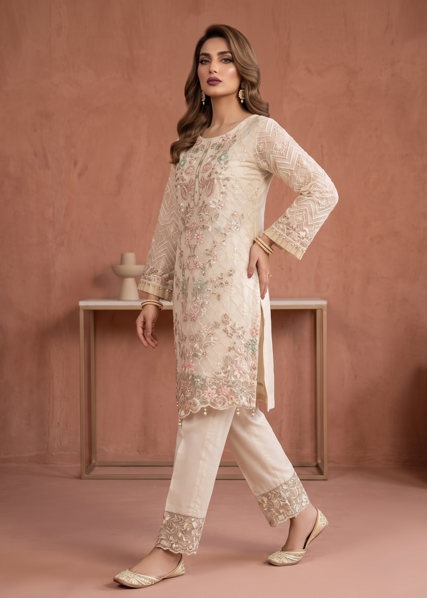 Embroidered White Organza Partywear Salwar Suit Online in Dubai DXB UAE Abudhabi Meena Bazaar