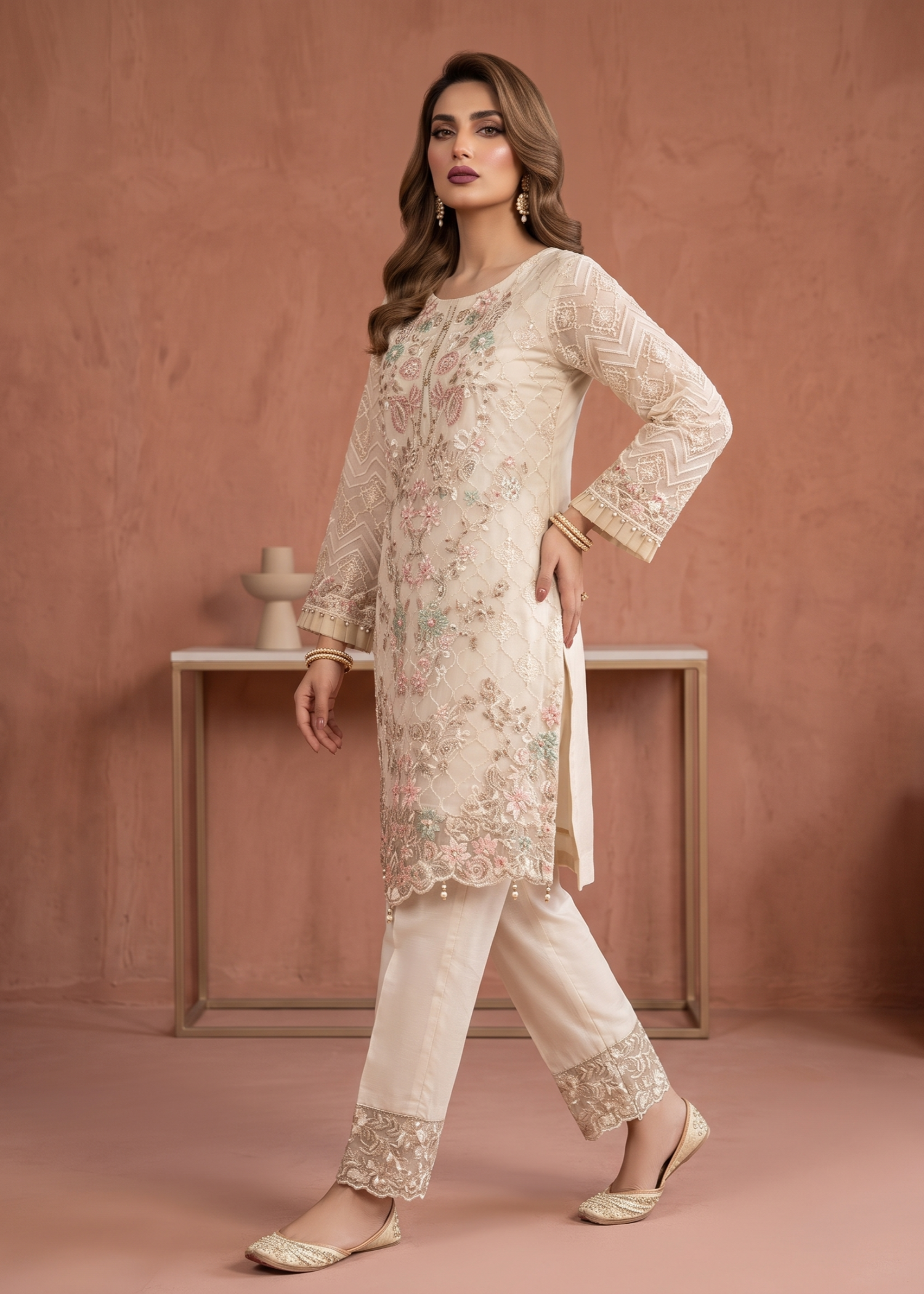 Embroidered White Organza Partywear Salwar Suit Online in Dubai DXB UAE Abudhabi Meena Bazaar
