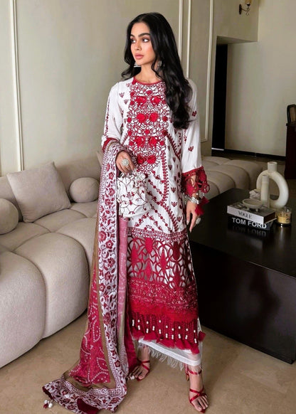 Embroidered White Raw Silk Salwar Kameez Online in KSA Riyadh Saudi Arabia Oman Bahrain Qatar