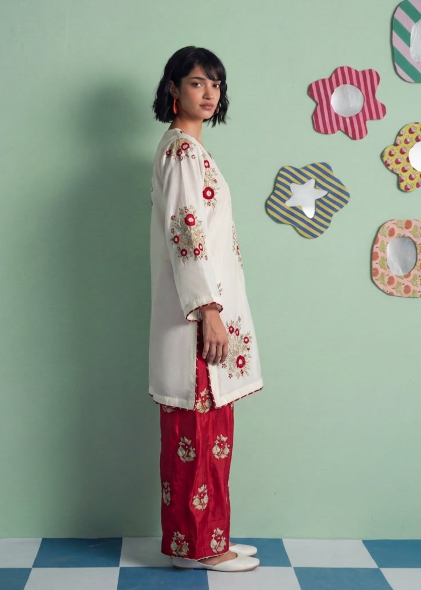 Embroidered White Tussar Silk Two Piece Kurta Set Online in Dubai DXB UAE Abudhabi Meena Bazaar