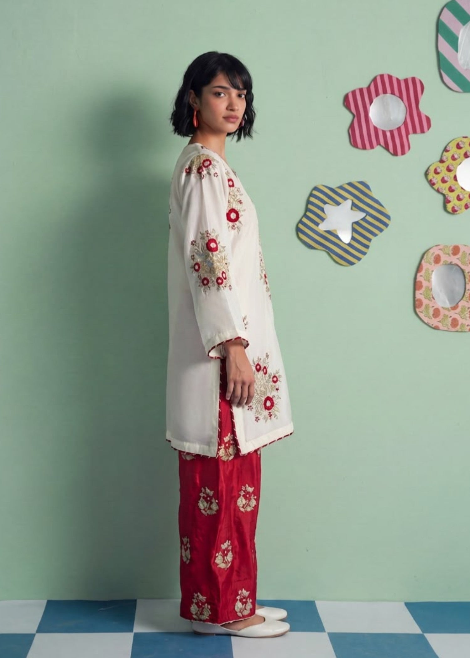 Embroidered White Tussar Silk Two Piece Kurta Set Online in Dubai DXB UAE Abudhabi Meena Bazaar