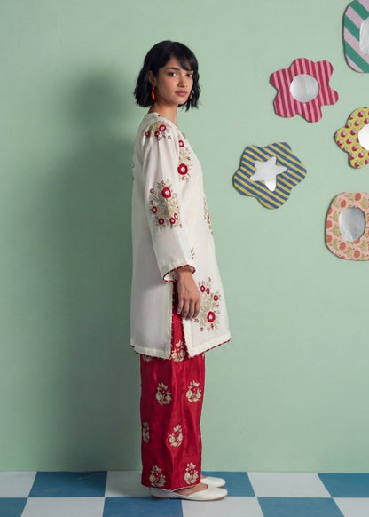 Embroidered White Tussar Silk Two Piece Kurta Set Online in Dubai DXB UAE Abudhabi Meena Bazaar