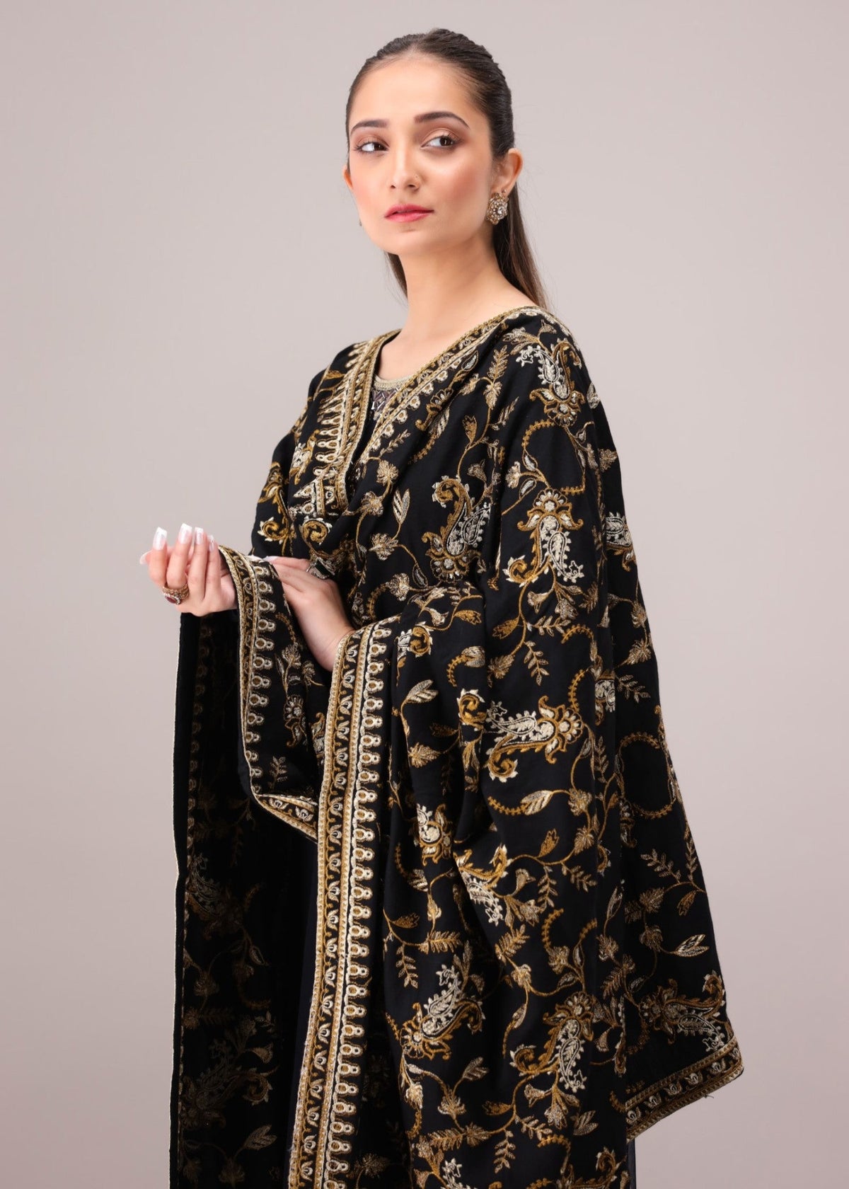 Embroidered Winter Shawl Black Dhanak Online in Sri Lanka India Australia