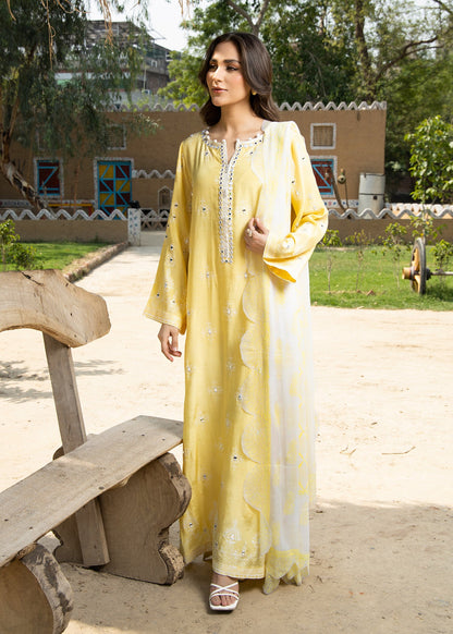 Embroidered Yellow Chiffon Dupatta Raw Silk Suit Online in UK USA Canada