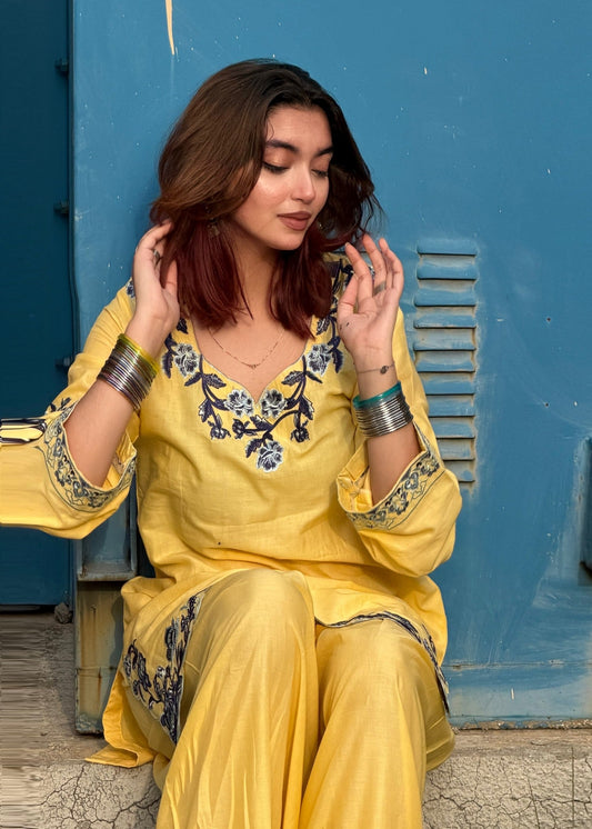 Embroidered Yellow Cotton Kurta Set Online in Sri Lanka India Australia