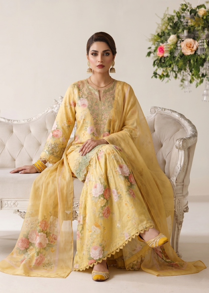 Embroidered Yellow Lawn Gharara Suit Online in Dubai DXB UAE Abudhabi Meena Bazaar