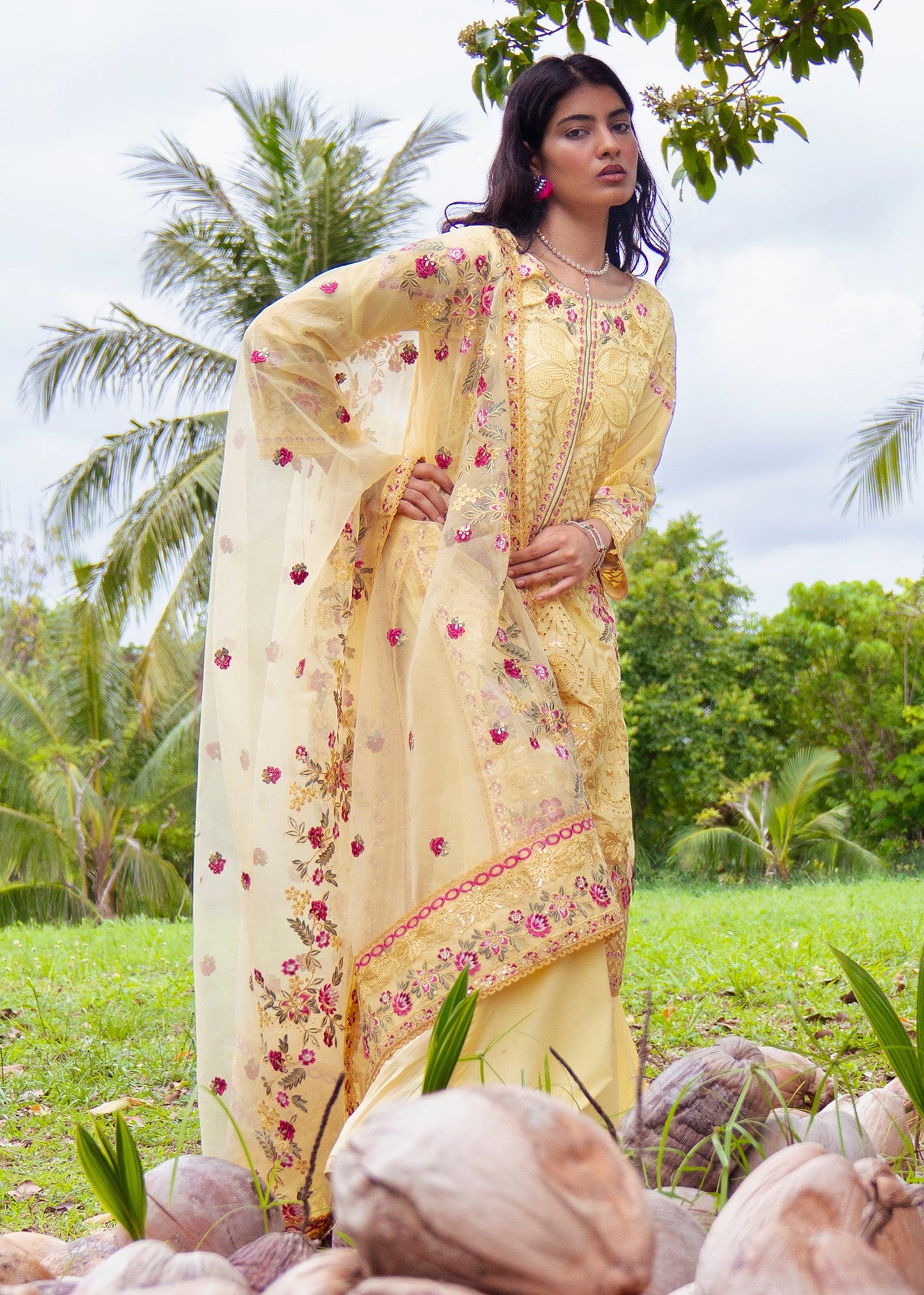 Embroidered Yellow Lawn Suit with Organza Dupatta Online in Dubai DXB UAE Abudhabi Meena Bazaar