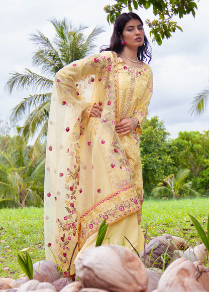 Embroidered Yellow Lawn Suit with Organza Dupatta Online in Dubai DXB UAE Abudhabi Meena Bazaar