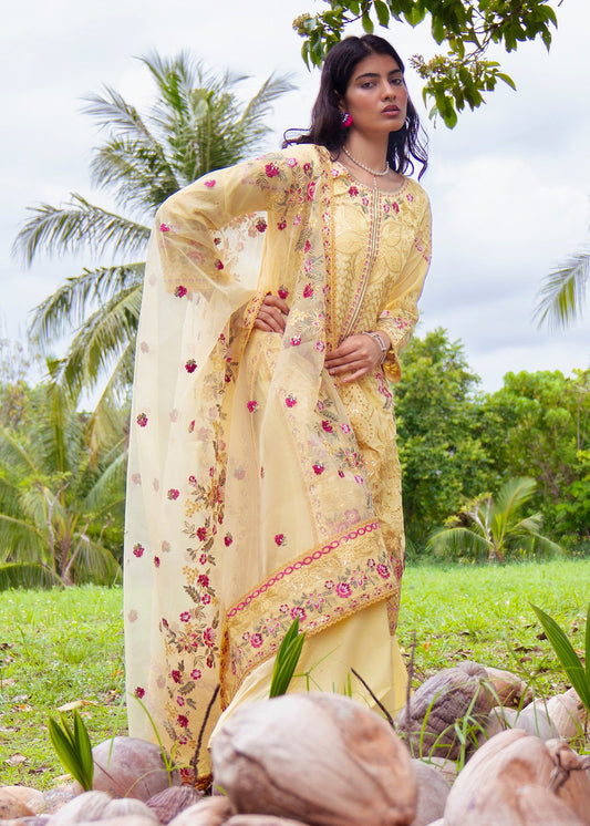 Embroidered Yellow Lawn Suit with Organza Dupatta Online in Dubai DXB UAE Abudhabi Meena Bazaar
