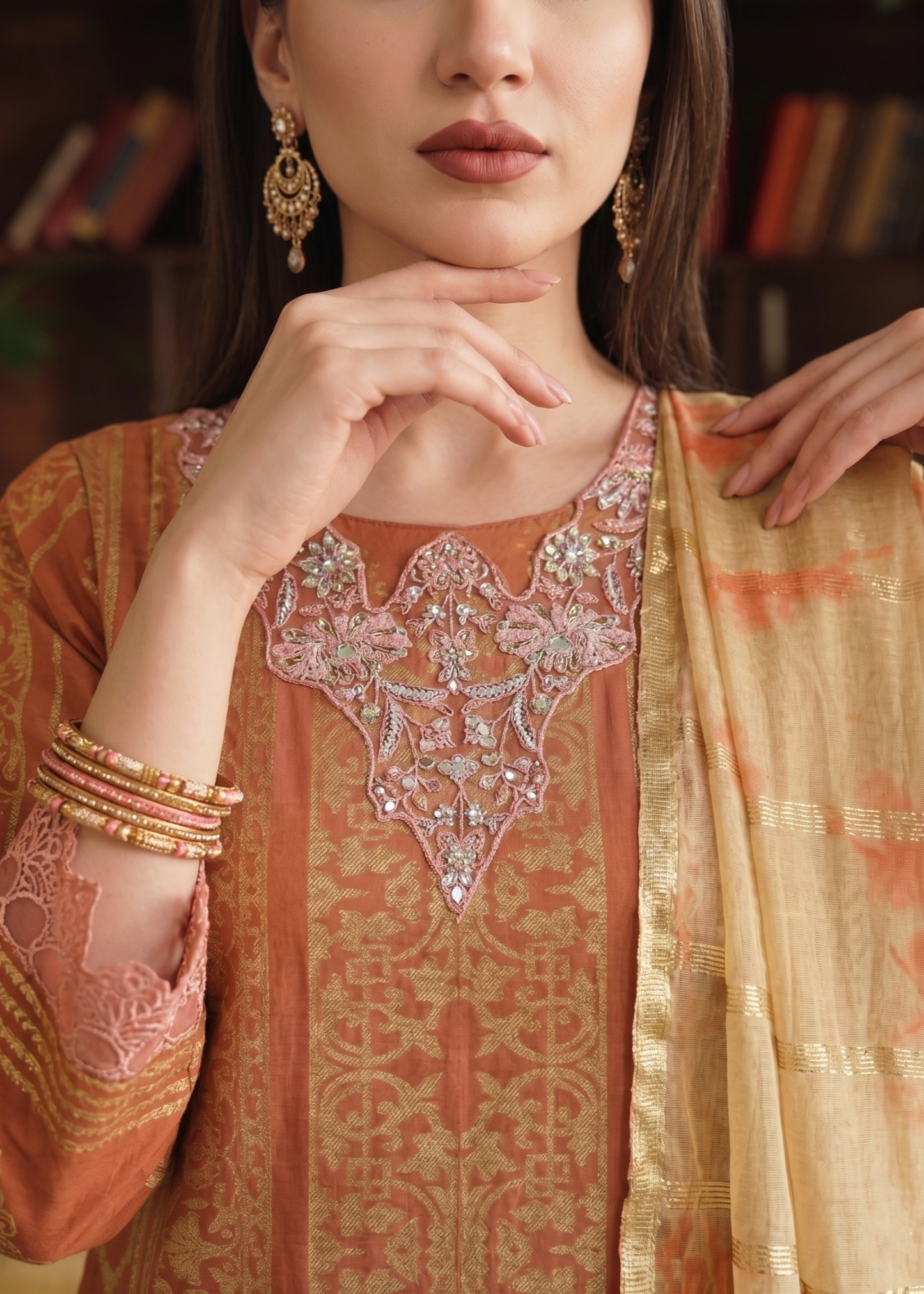 Embroidered Yellow-Orange Jacquard Pakistani Designer Suit Online in Sri Lanka India Australia