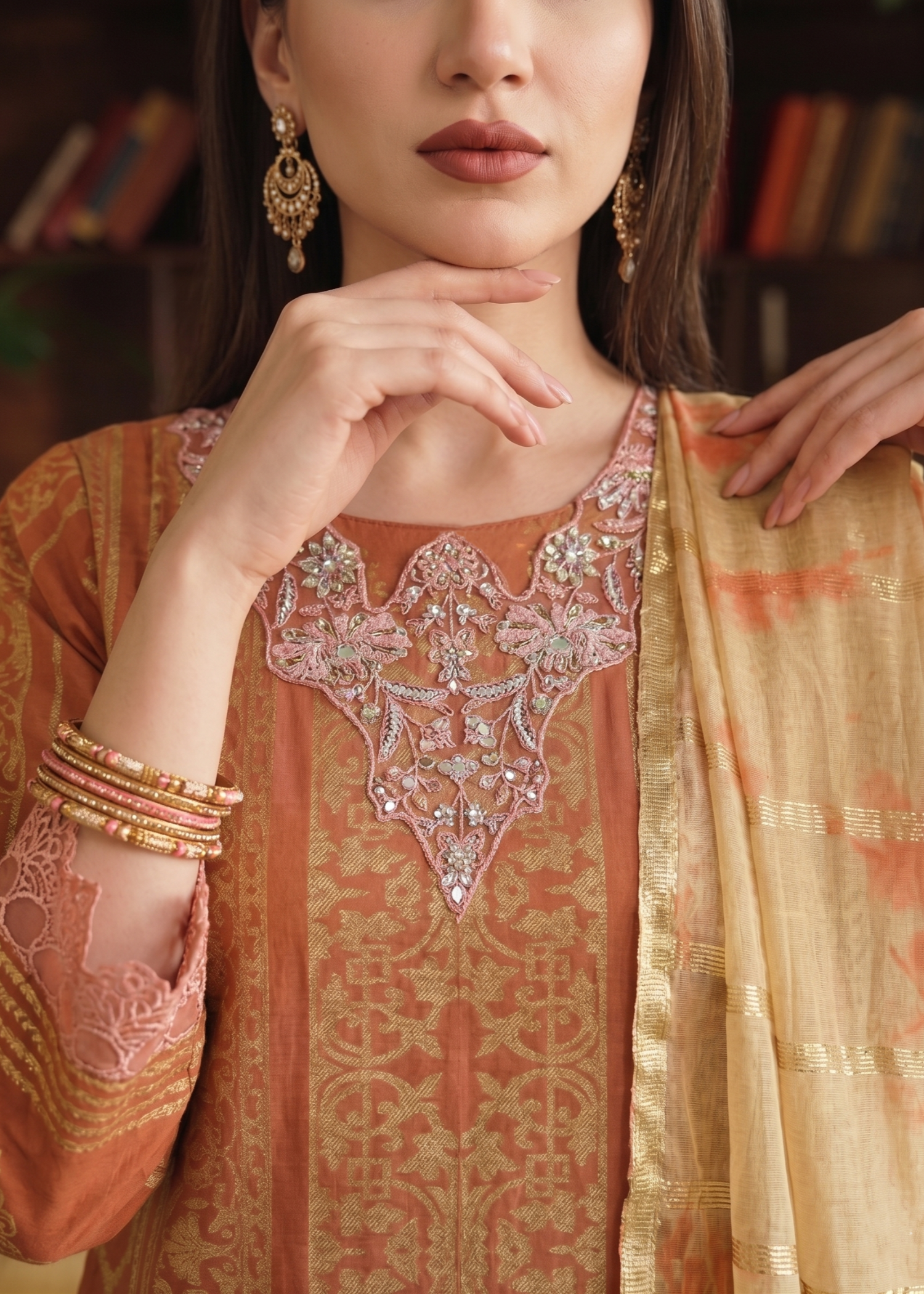 Embroidered Yellow-Orange Jacquard Pakistani Designer Suit Online in Sri Lanka India Australia