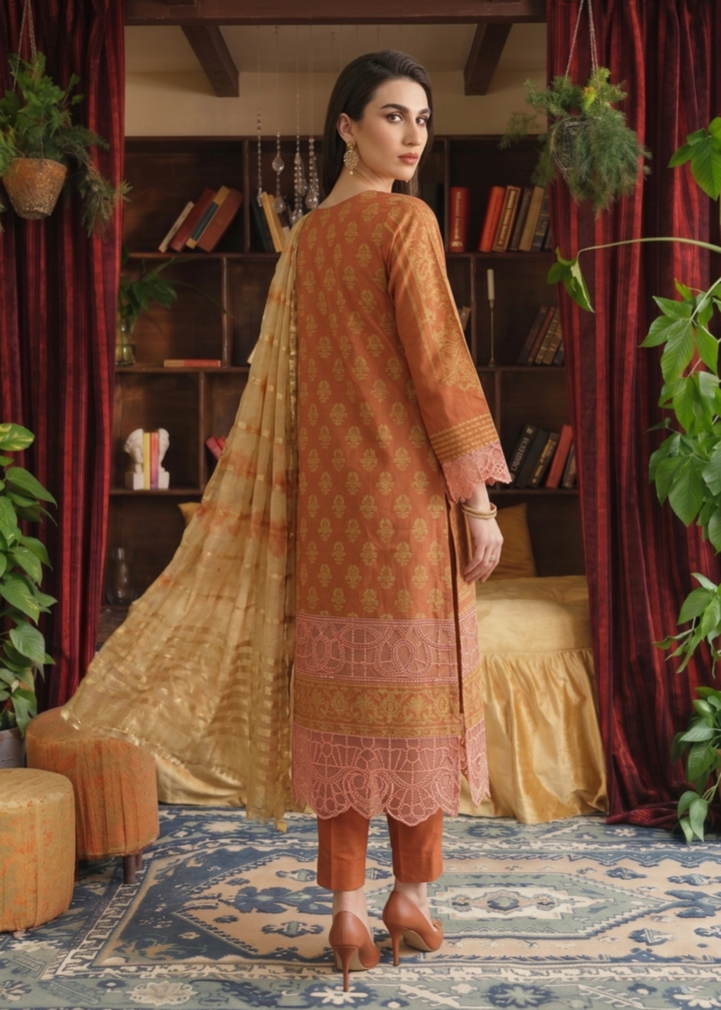 Embroidered Yellow-Orange Jacquard Pakistani Suit Online in Dubai DXB UAE Abudhabi Meena Bazaar