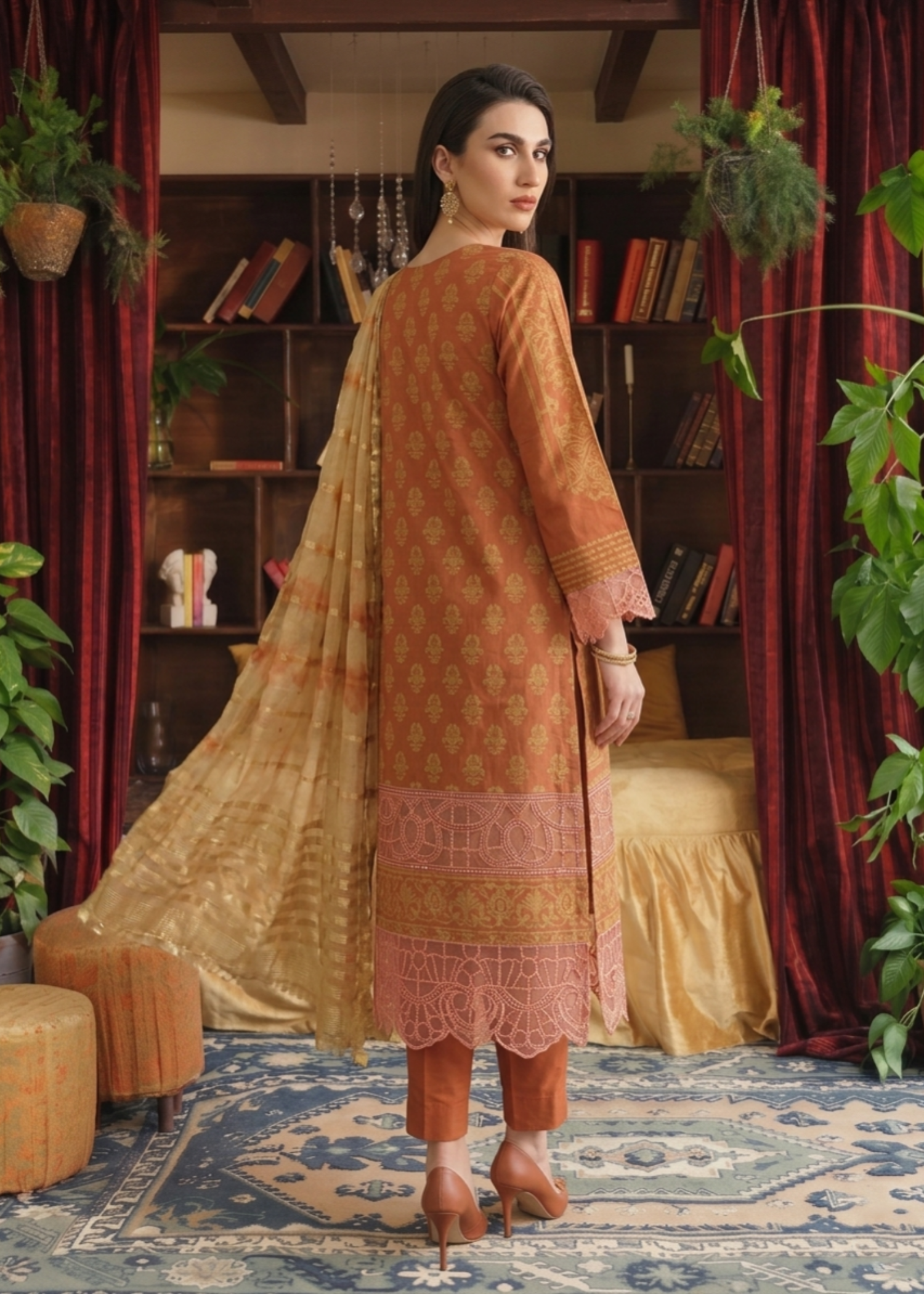 Embroidered Yellow-Orange Jacquard Pakistani Suit Online in Dubai DXB UAE Abudhabi Meena Bazaar