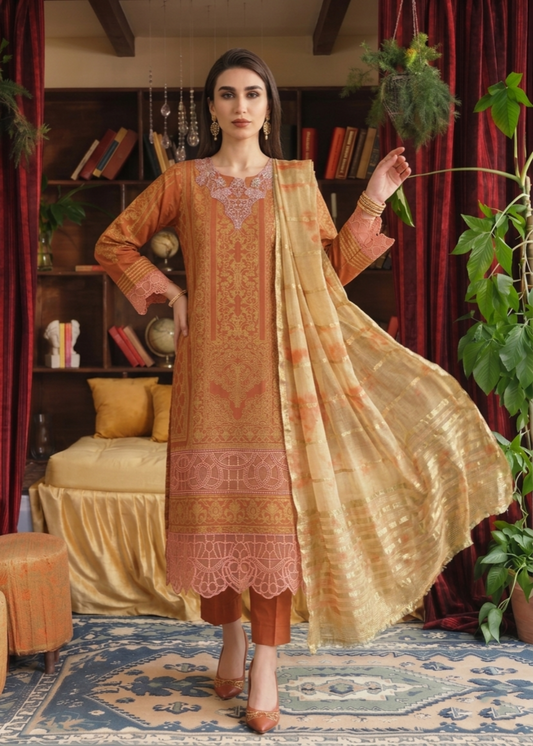 Embroidered Yellow-Orange Jacquard Salwar Kameez Online in KSA Riyadh Saudi Arabia Oman Bahrain Qatar