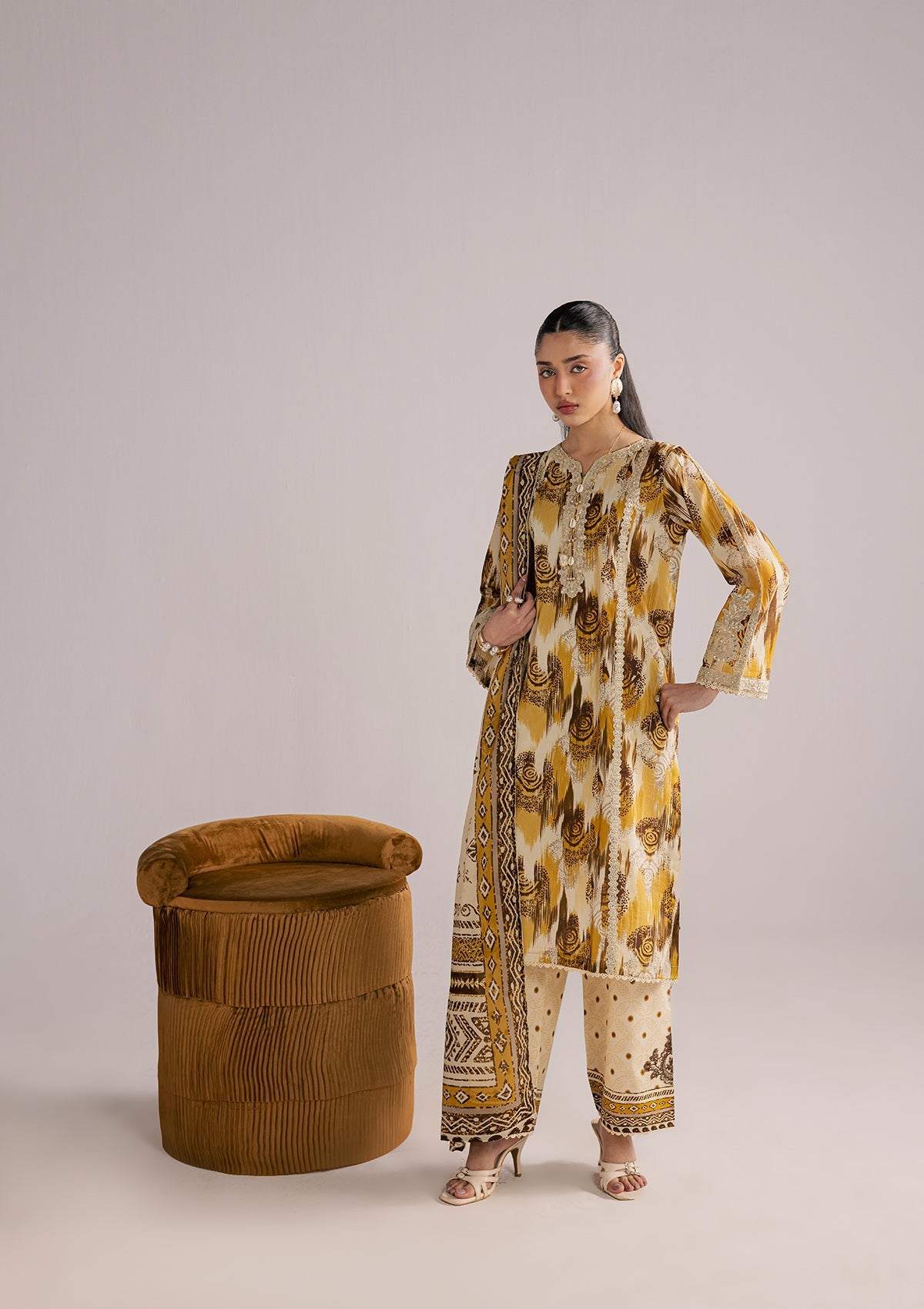 Embroidered Yellow Orange Lawn Kurta Pajama Online in Dubai DXB UAE Abudhabi Meena Bazaar