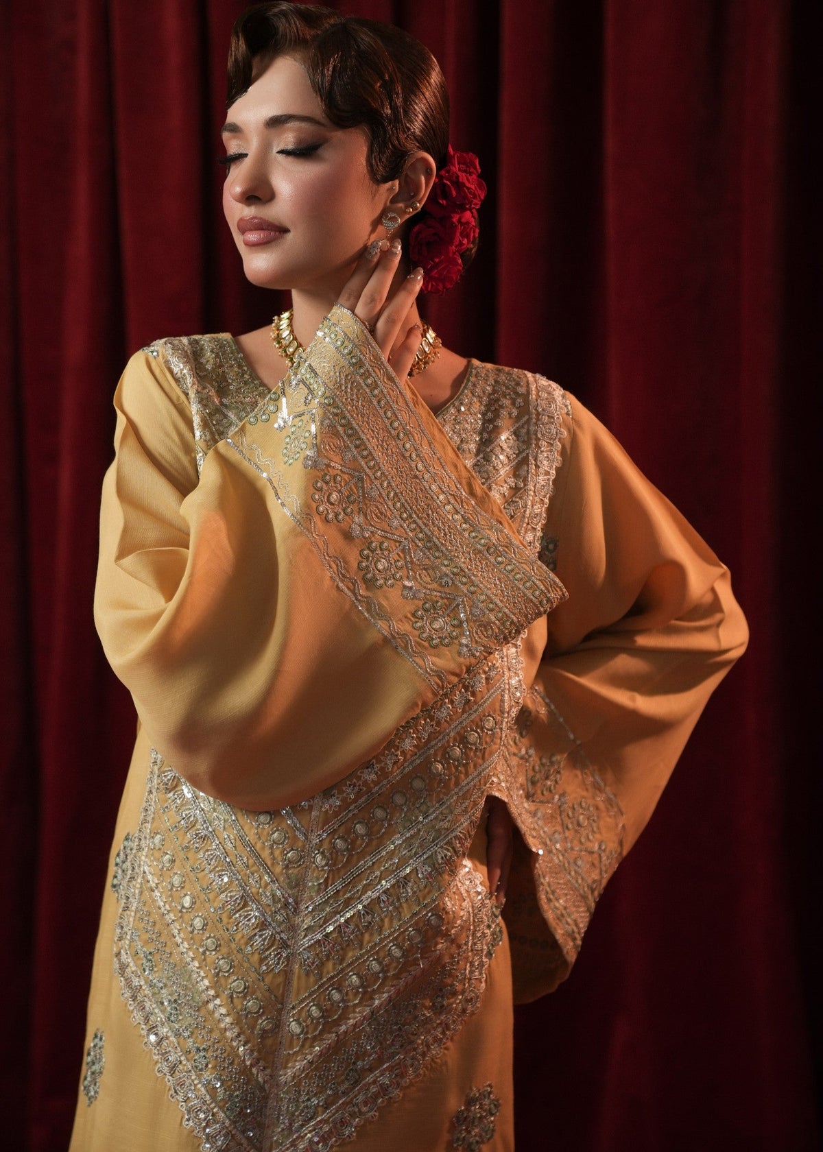 Embroidered Yellow Raw Silk Kaftan Online in KSA Riyadh Saudi Arabia Oman Bahrain Qatar