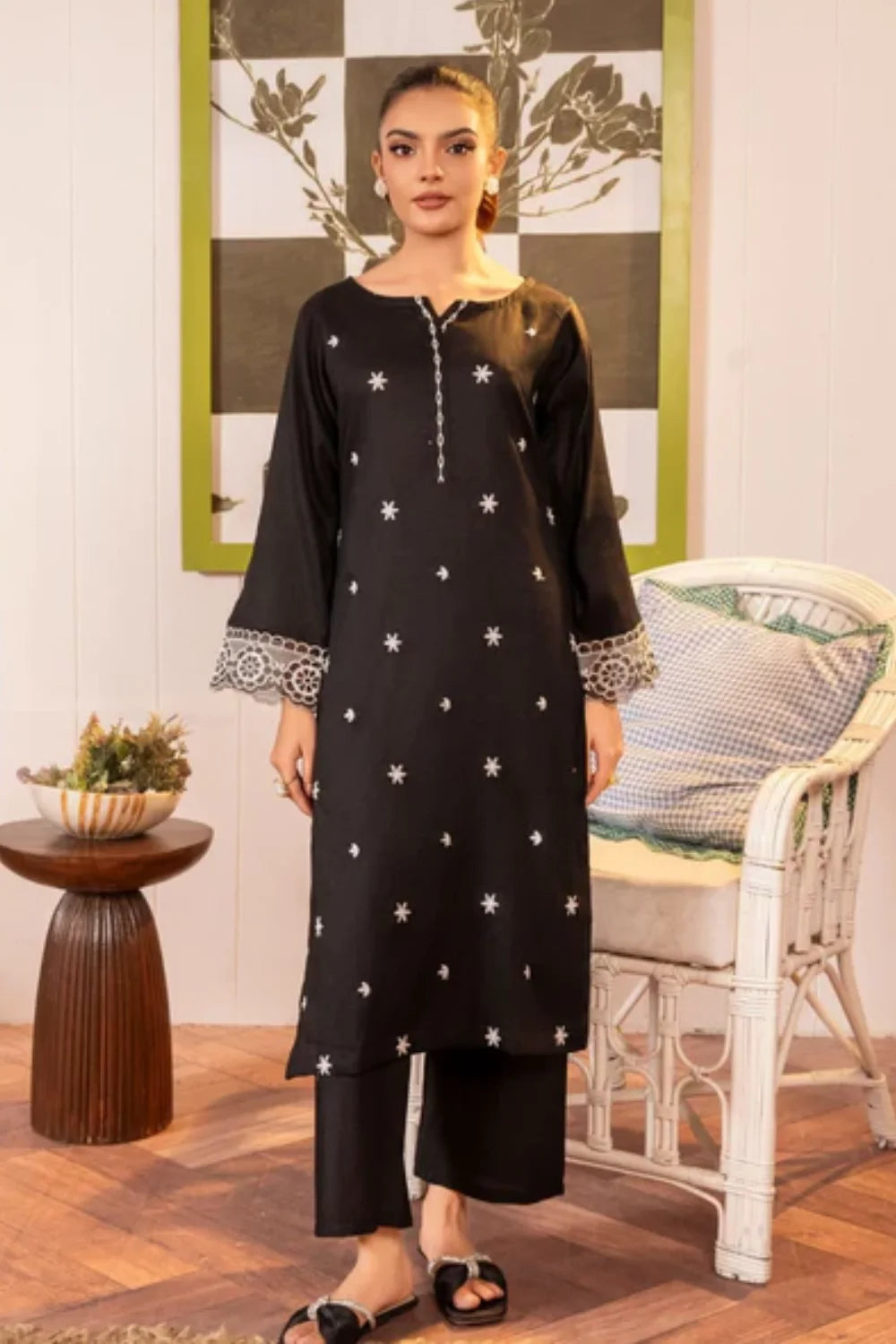 Black Embroidered Cotton Kurta Set