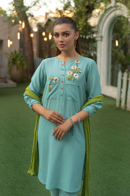 Readymade Hand Embroidered Pure Cotton Kurta Set with Dupatta