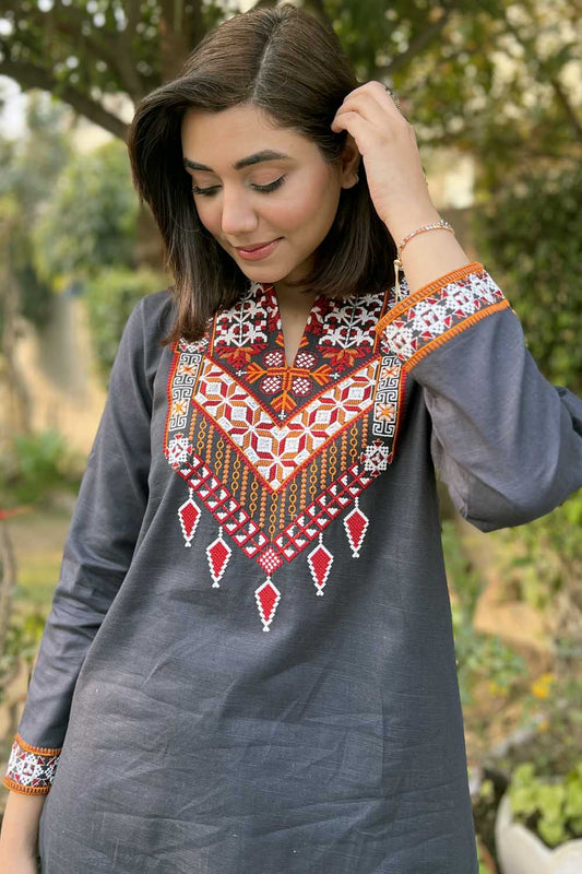 Grey Embroidered Kurta with Pants