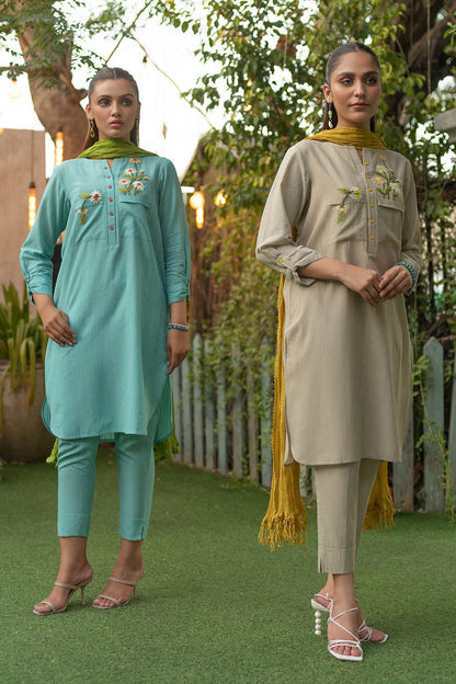 Readymade Hand Embroidered Pure Cotton Kurta Set with Dupatta