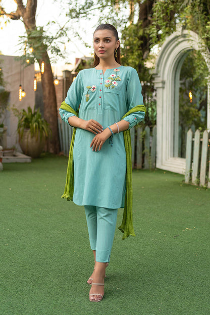 Readymade Hand Embroidered Pure Cotton Kurta Set with Dupatta