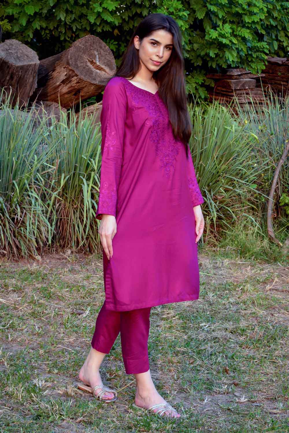 Plum Embroidered Kurta with Straight Pants