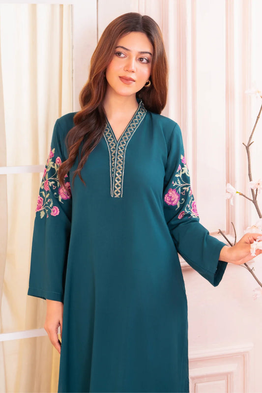 Teal Linen Embroidered Kurta Set