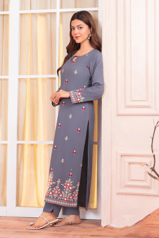 Grey Linen Embroidered Kurta Set