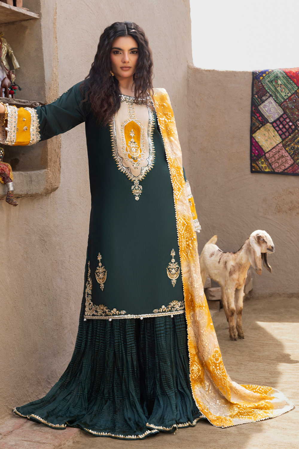 Emerald Green Adda Work Raw Silk Sharara Gharara Online in Dubai UAE Abudhabi Ajman Sharjah