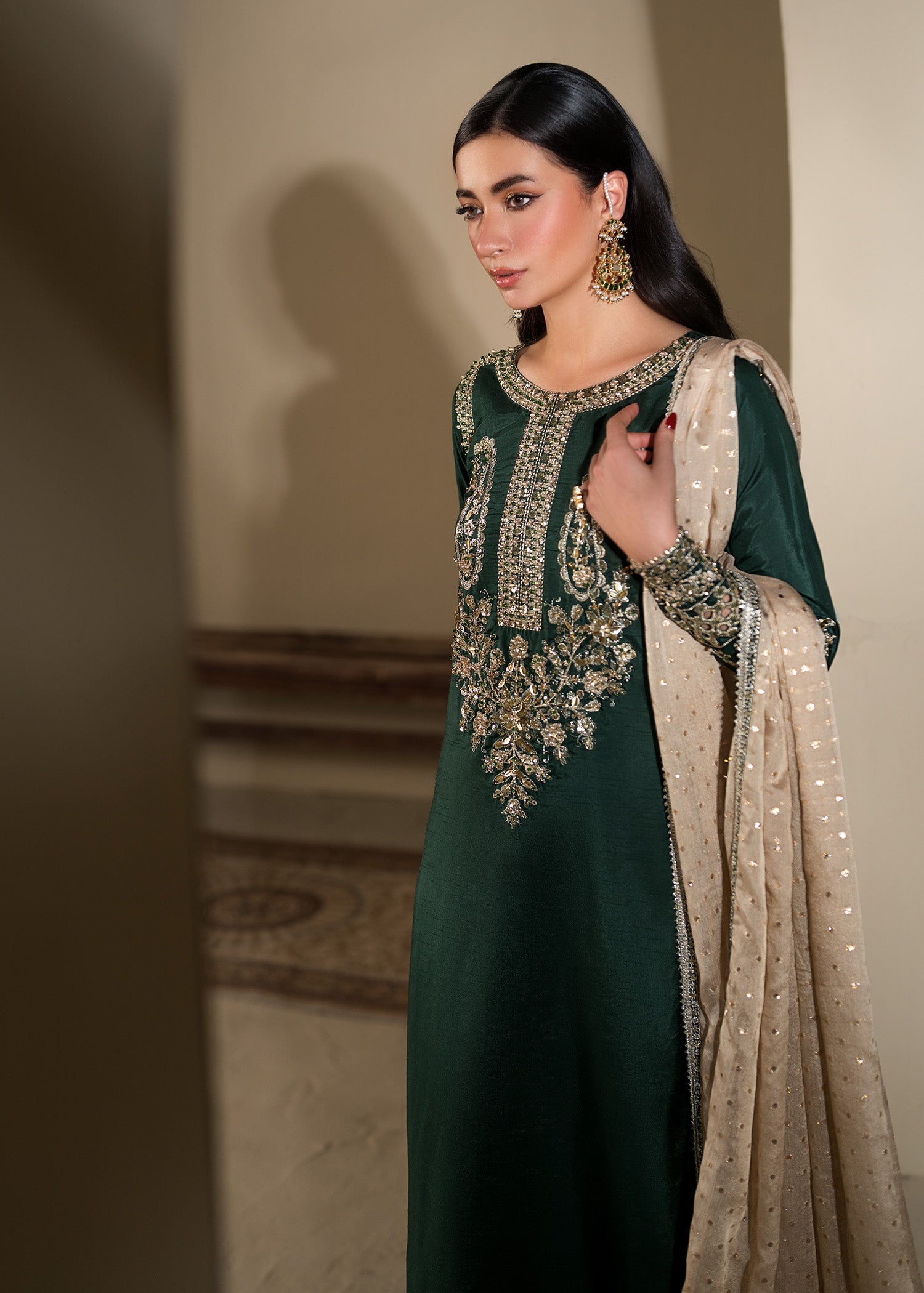 Emerald Green Chiffon Dupatta Raw Silk Suit Online in Dubai UAE Abudhabi Ajman Sharjah