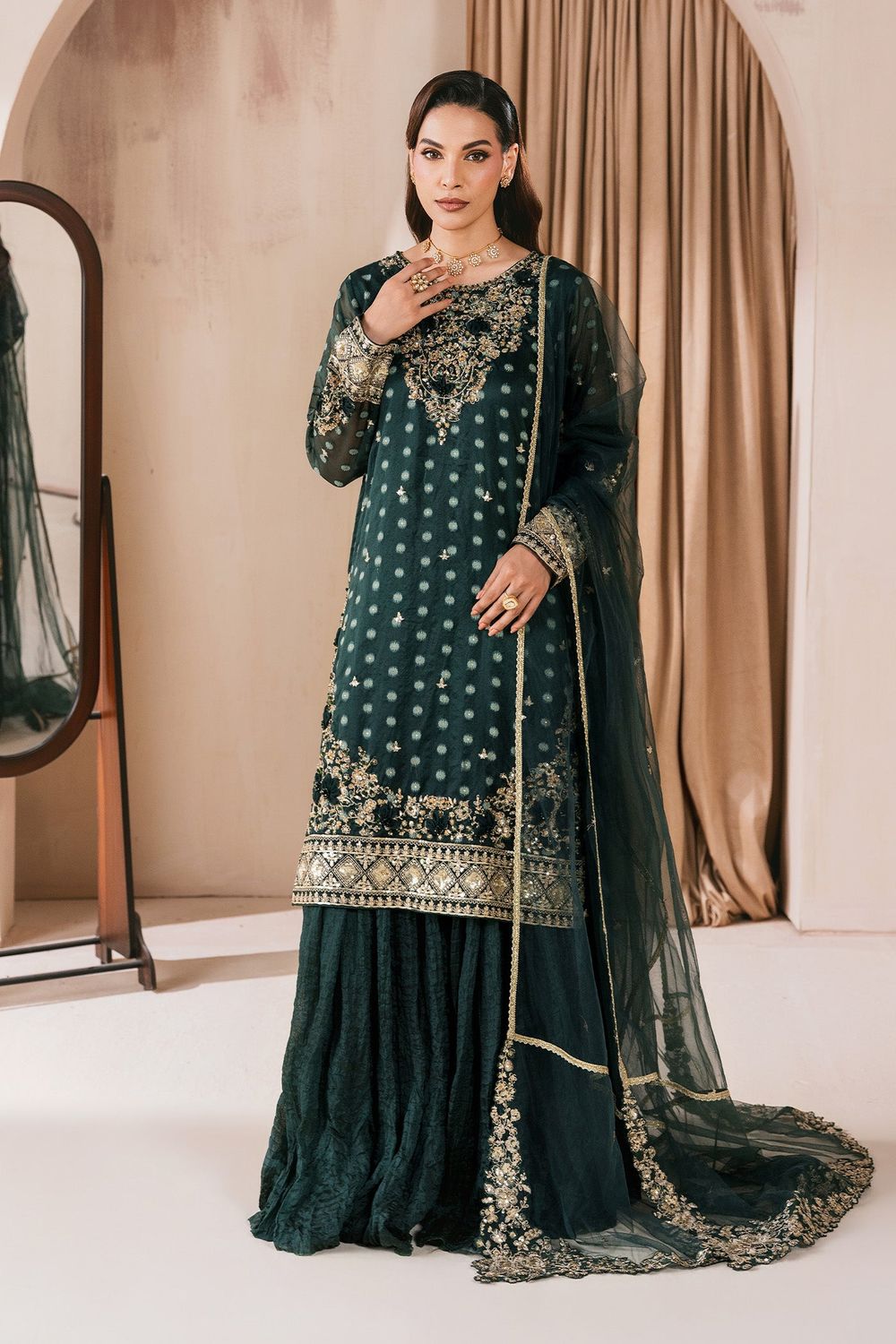 Emerald Green Embellished Organza Sharara Online in Dubai UAE Abudhabi Ajman Sharjah