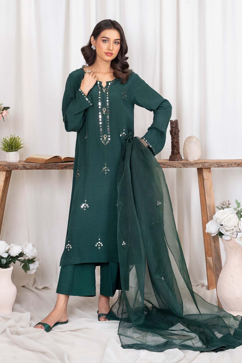 Emerald Green Mirror Resham Embroidered Organza Raw Silk Suit Online in Dubai UAE Abudhabi Ajman Sharjah