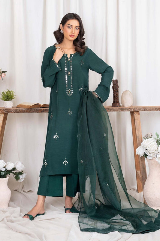 Emerald Green Mirror Resham Embroidered Organza Raw Silk Suit Online in Dubai UAE Abudhabi Ajman Sharjah