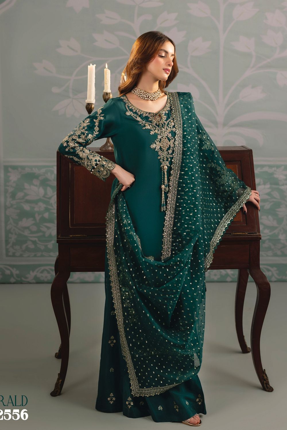Emerald Raw Silk Hand Embellished Partywear Suit Online in Dubai UAE Abudhabi Ajman Sharjah