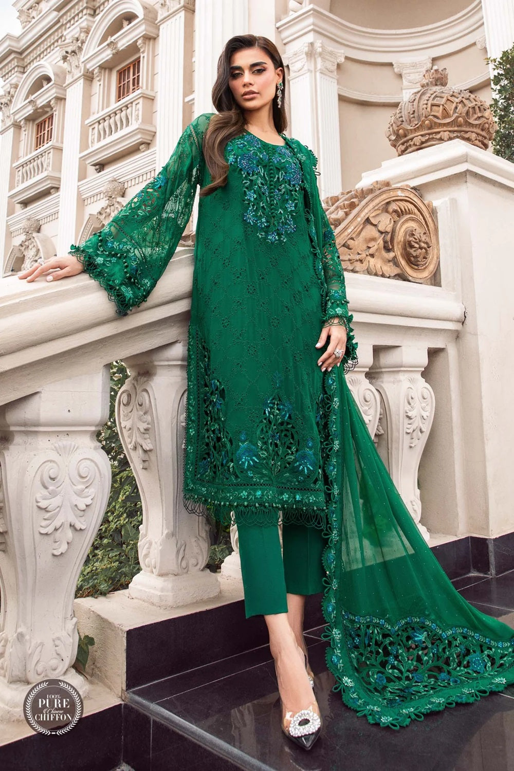 Emerald Green Chiffon Chikankari Suit