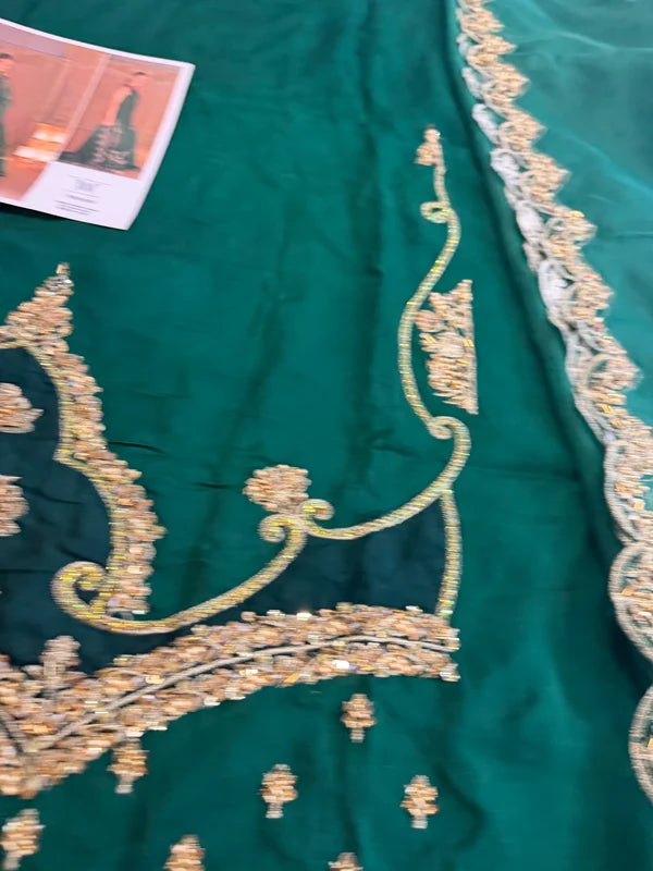 Emerald Green Hand Embellished Elegant Raw Silk Couture